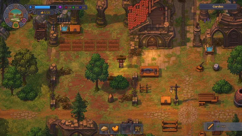 Graveyard Keeper 2 garden yard with a player carrying a log and wood-processing stations nearby