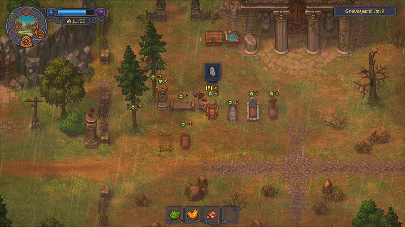 Graveyard Keeper 2 screenshot showing cemetery management and the player interface